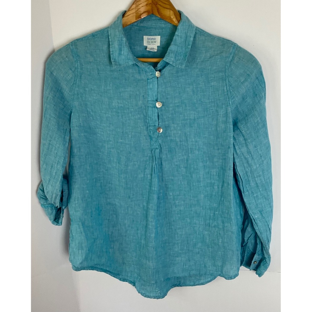 Sigrid Olsen Womens Medium Blue 100% Linen Roll Tab Sleeve Henley Tunic Top